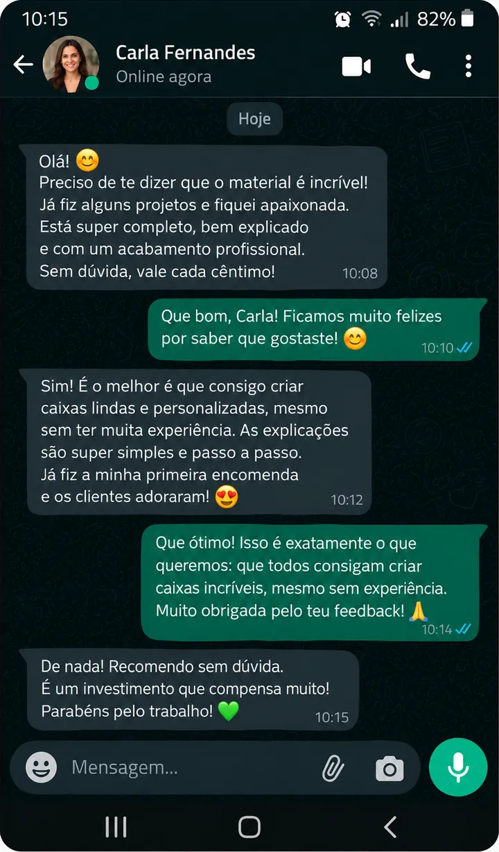 Conversa no WhatsApp com a opinião de Carla Fernandes sobre a coleção