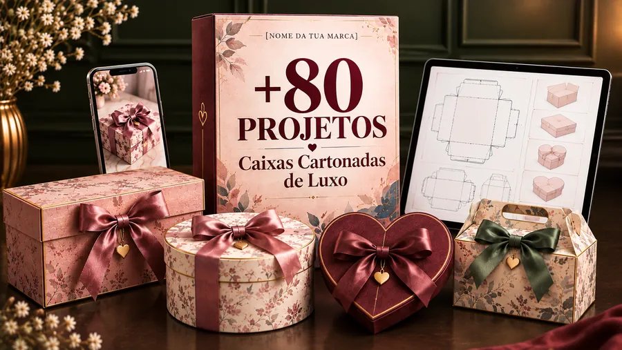 Coleção +80 projetos de caixas de cartonagem de luxo, com moldes no tablet e caixas montadas