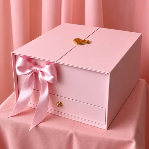 Caixa rosa de portas duplas com gaveta, laço de cetim e fecho de coração dourado